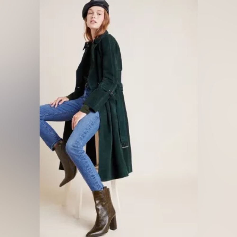 Avec Les Filles Anthropologie Suede Trench Coat Emerald Green